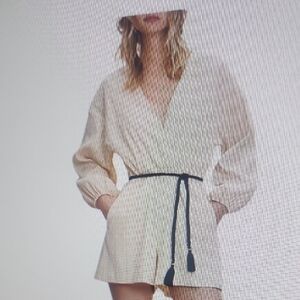 Maje Ibioli Belted Beige Pinstriped Romper Neutral Chic Balloon Sleeve Size 34